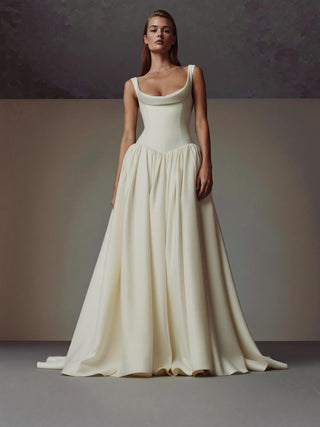 Amoret duchess satin A-line wedding dress with a scoop neck and an eyelet lace-up back