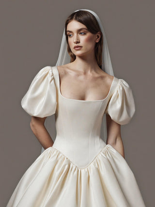 The Blanche duchess satin ballgown with voluminous balloon sleeves and cathedral train, made-to-measure by Sylk Atelier