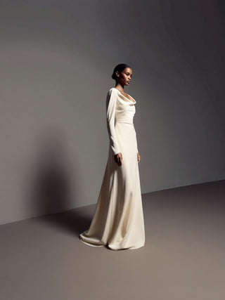 Sirène crepe de chine wedding dress with long sleeves and a draped cowl back