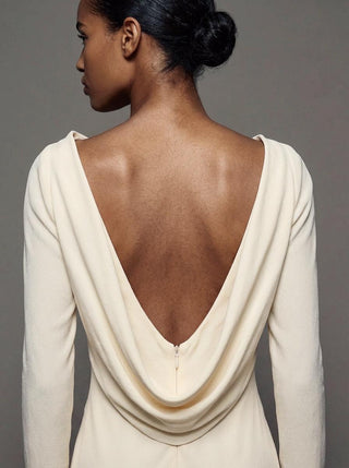 Sirène crepe de chine wedding dress with long sleeves and a draped cowl back
