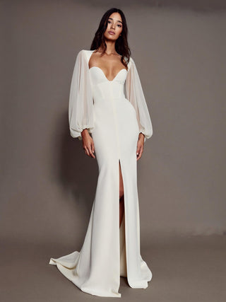 Allegra stretch crepe wedding dress with a sweetheart neckline and a high front slit