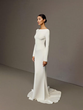 Made-to-measure Seraphine column in silk cady with long sleeves and a deep V back