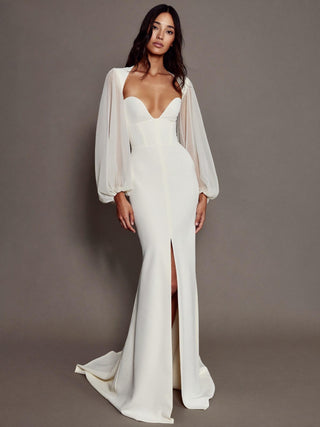 The Allegra stretch crepe mermaid wedding dress with sweetheart neckline and bishop sleeves, made-to-measure by Sylk Atelier