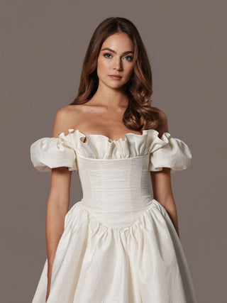 The Rowena silk dupion puff sleeve A-line wedding gown with corset bodice, made-to-measure by Sylk Atelier