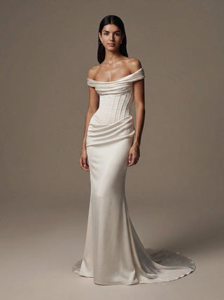 Constance silk satin mermaid wedding dress with an off-shoulder collar and a corset bodice