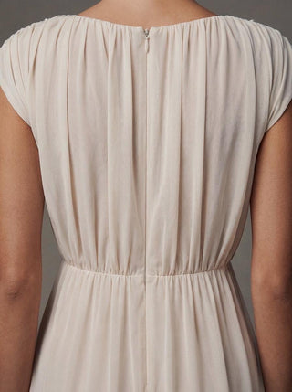 Lyra silk chiffon column wedding dress with a ruched Grecian bodice and a bateau neck