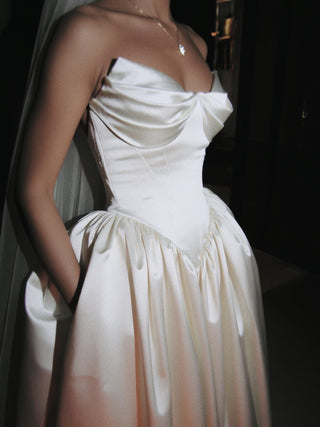 Made-to-measure Sandringham ball gown in duchess satin with a draped sweetheart neckline and basque waist