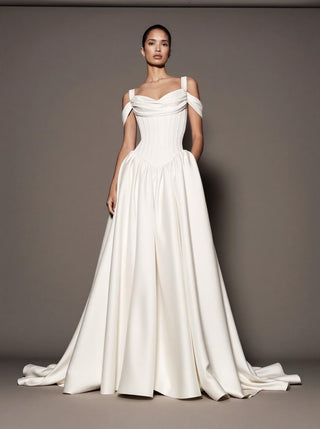 Isolde silk mikado wedding dress with a lace-up corset back and a draped bodice