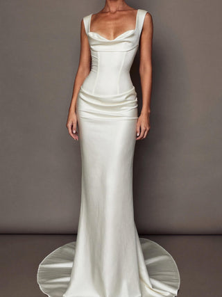 The Thea 30 momme silk satin bias-cut column wedding dress with visible corset and ruched hip, made-to-measure by Sylk Atelier