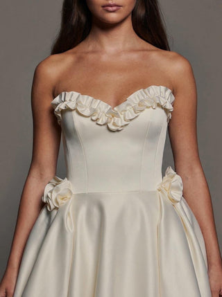 Georgiana duchess satin wedding dress with hip rosettes and a lace-up back