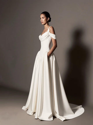 Isolde silk mikado ballgown wedding dress with an off-shoulder cowl neck and a lace-up corset back