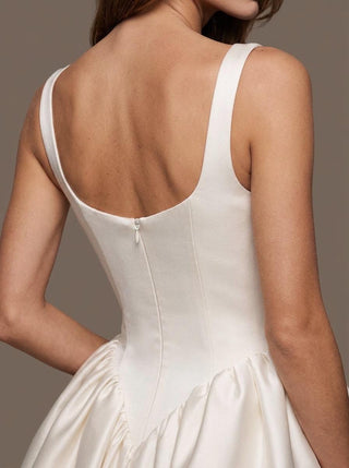Fable satin mini wedding dress with a square-neck corset bodice and a full bubble skirt
