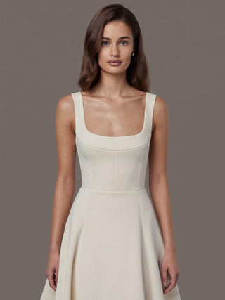 The Seville stretch crepe A-line wedding dress with square neck wide straps and open back, made-to-measure by Sylk Atelier