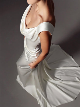 Cliveden silk satin mermaid wedding dress with a cowl neck and draped cap sleeves