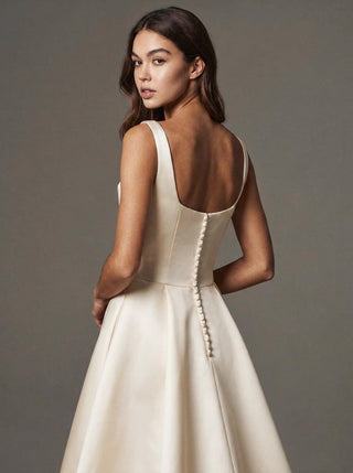 Made-to-measure Welbeck A-line in duchess satin with a square neck and wide straps