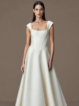The Rosalind duchess satin cathedral ballgown with visible corset bones and square neckline, made-to-measure by Sylk Atelier