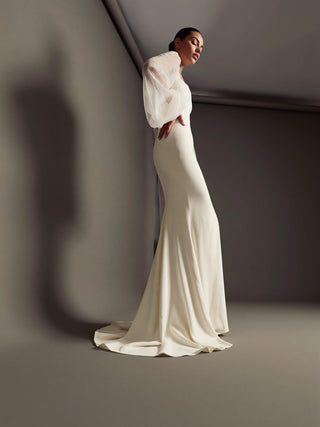 Primrose stretch crepe mermaid wedding dress with sheer tulle bishop sleeves and a square neck