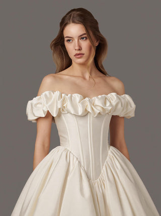 The Beaumont duchess satin ballgown with off-shoulder puff ruffle and lace-up back, made-to-measure by Sylk Atelier