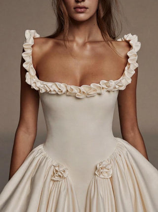 The Pompadour duchess satin ballgown with ruffled neck, hip rosettes, and lace-up back, made-to-measure by Sylk Atelier