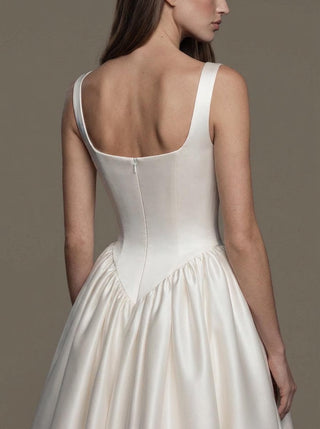 Verity duchess satin wedding dress with wide straps and a basque waist