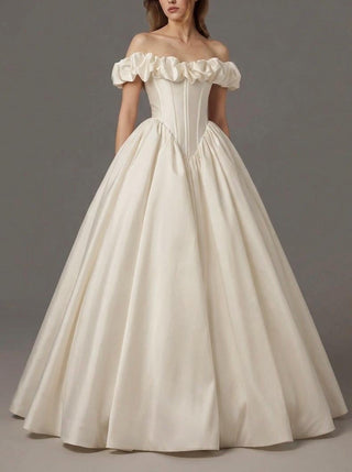 Beaumont duchess satin wedding dress with a lace-up corset back and a basque waist