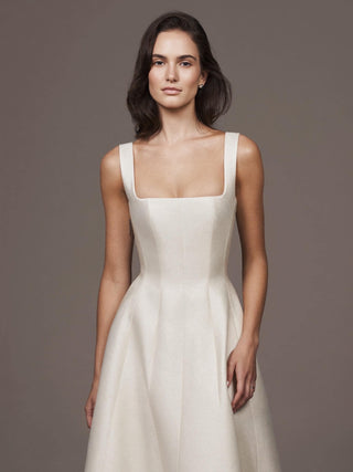 The Alnwick silk faille A-line wedding dress with square neckline and covered button back, made-to-measure by Sylk Atelier