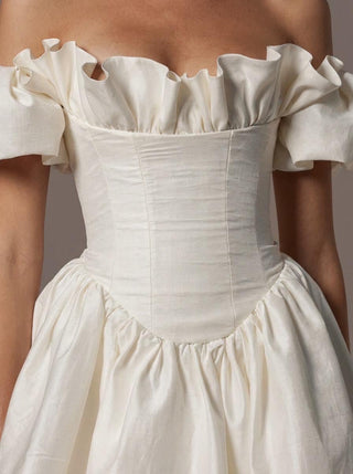 Rowena silk dupion A-line wedding dress with off-shoulder puff sleeves and a ruffled neckline