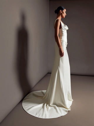 Thea silk satin column wedding dress with a sweetheart cowl and a visible corset