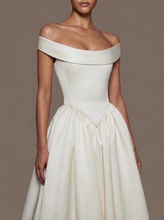 The Stratford mikado ballgown with structured portrait collar, basque waist, and chapel train, made-to-measure by Sylk Atelier