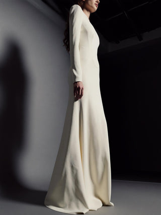 Made-to-measure Ashcombe fit-and-flare in silk cady with a bateau neck and a covered button back