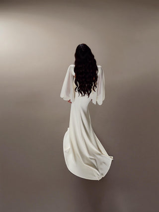 Allegra stretch crepe mermaid wedding dress with sheer organza bishop sleeves and a sweetheart neckline