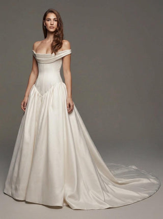 Made-to-measure Cavendish ballgown in silk mikado with an off-shoulder cowl and a cathedral train