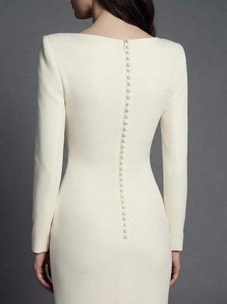 Ashcombe silk cady wedding dress with a fitted skirt and a covered button back