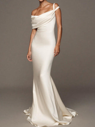 The Fleur 30 momme silk satin asymmetric mermaid wedding dress with draped off-shoulder cowl, made-to-measure by Sylk Atelier