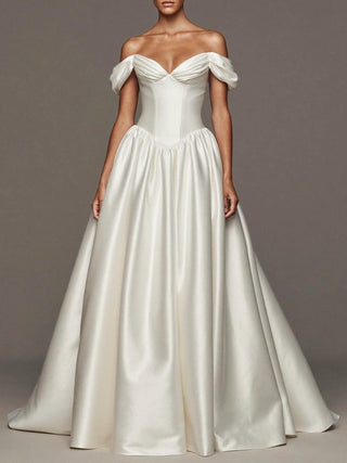 The Araminta duchess satin gathered ballgown with ruched off-shoulder and lace-up back, made-to-measure by Sylk Atelier