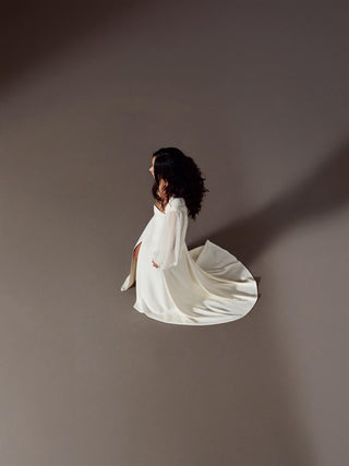 Allegra stretch crepe wedding dress with a sweetheart neckline and a high front slit