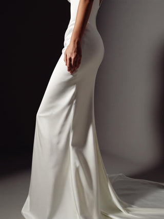 Cliveden silk satin wedding dress with draped cap sleeves and a bias-cut drop waist