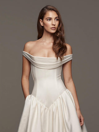 The Cavendish silk mikado off shoulder ballgown with draped cowl collar and cathedral train, made-to-measure by Sylk Atelier