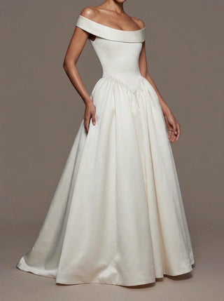 Stratford mikado wedding dress with a basque waist and covered buttons