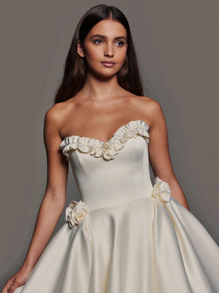 The Georgiana duchess satin ballgown with ruffle sweetheart neckline and ribbon lace-up back, made-to-measure by Sylk Atelier