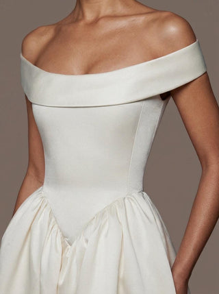Stratford mikado wedding dress with a basque waist and covered buttons