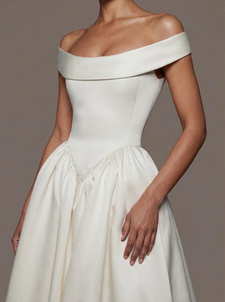 Stratford mikado ballgown wedding dress with a portrait collar and a basque waist