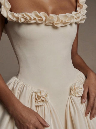Made-to-measure Pompadour ballgown in duchess satin with a ruffled neckline and hip rosettes