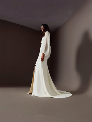 Allegra stretch crepe mermaid wedding dress with sheer organza bishop sleeves and a sweetheart neckline