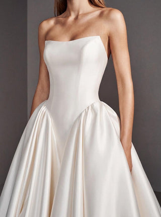 The Linnet duchess satin gathered ballgown with dropped V basque and cathedral train, made-to-measure by Sylk Atelier