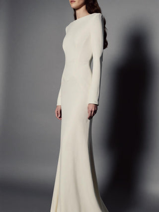 The Ashcombe silk cady fit and flare wedding dress with bateau neck and covered button back, made-to-measure by Sylk Atelier