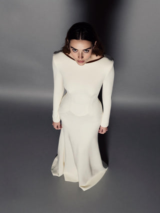 Made-to-measure Ashcombe fit-and-flare in silk cady with a bateau neck and a covered button back