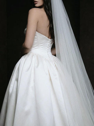 Made-to-measure Sandringham ball gown in duchess satin with a draped sweetheart neckline and basque waist