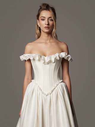 The Delphine duchess satin off shoulder ruffle ballgown with cathedral train, made-to-measure by Sylk Atelier