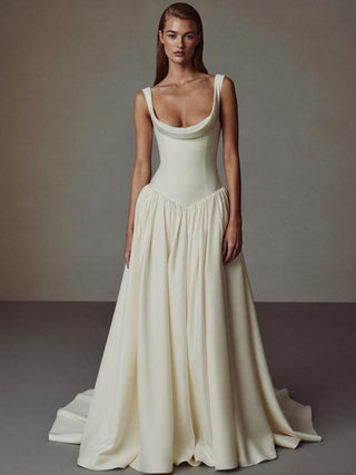 The Amoret duchess satin pleated A-line with dropped basque and ribbon corset back, made-to-measure wedding dress by Sylk Atelier